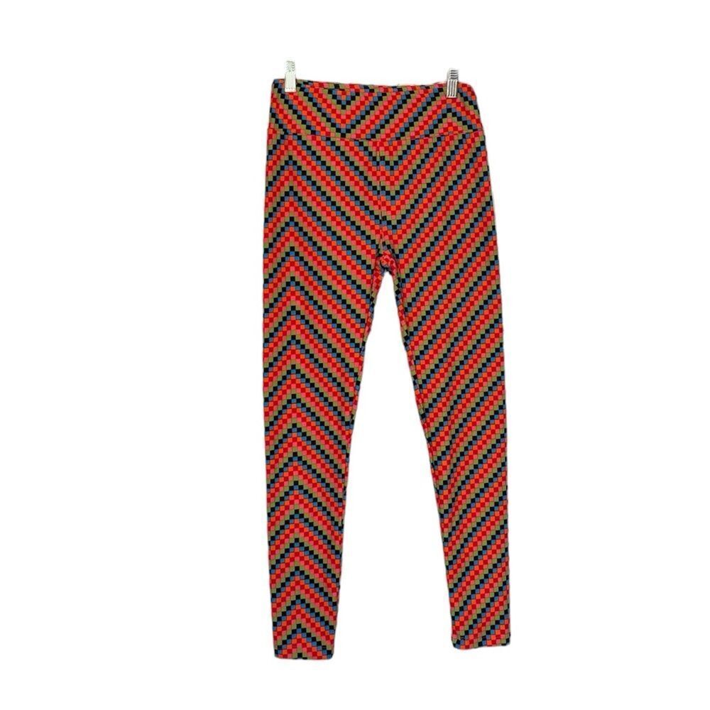 LuLaRoe Women's Chevron Print Orange Multi Checkered Ankle Slimming Leggings OS